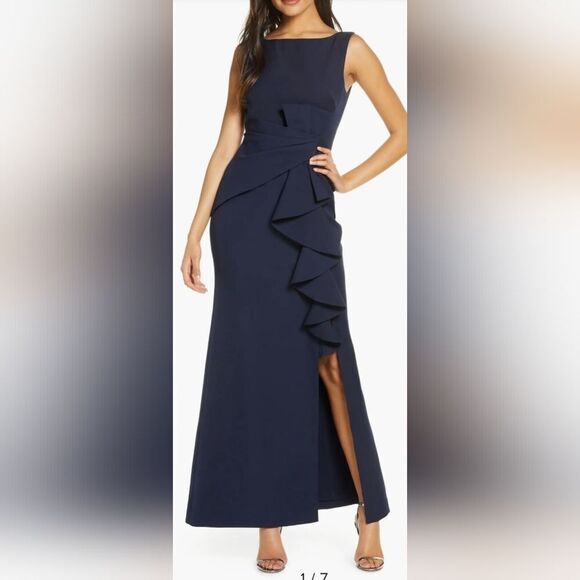 Eliza J Ruffle Front Gown NWT size 10 Navy Blue - Picture 1 of 5